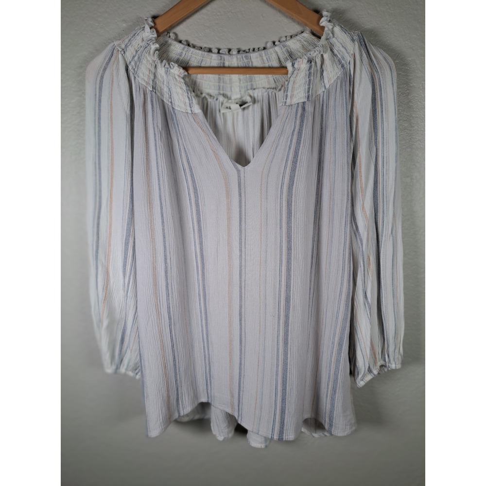 Studio B by Bobeau Striped Smocked V-Neck Blouse Blue Tan Medium